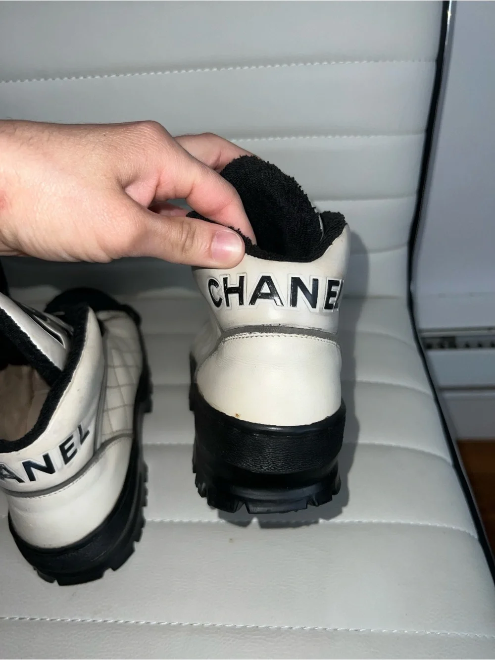 CHANEL White and Black Quilted Lace-Up High-Top Boots